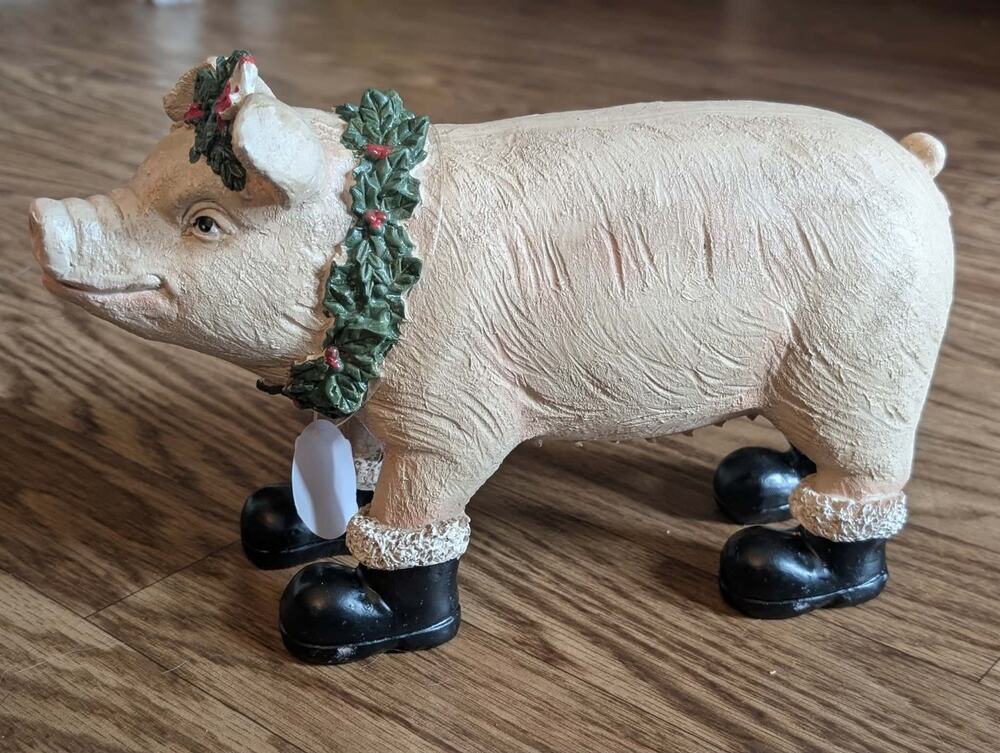 Pink Christmas Pig Sculpture Resin Rustic Farmhouse Country Holiday Decor